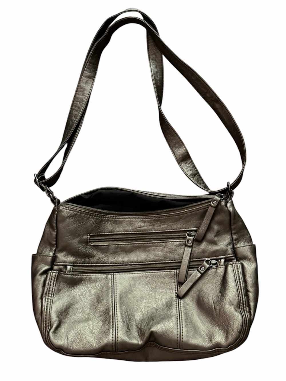 volganik rock metallic leather slouchy bag with adjustable strap